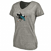 Women's San Jose Sharks Distressed Team Logo Tri Blend V Neck T-Shirt Ash FengYun,baseball caps,new era cap wholesale,wholesale hats